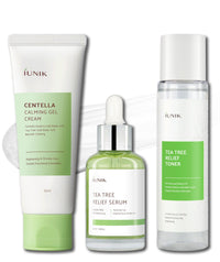 Thumbnail for iUNIK Tea tree Relief Natural Facial Serum & Centella Calming Gel Hydrating Cream & Tea Tree Relief Face Toner - Acne Fighting Trio Moisturizing Soothing Calming Oily Senstivie Skin Korean Skincare
