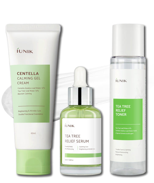iUNIK Tea tree Relief Natural Facial Serum & Centella Calming Gel Hydrating Cream & Tea Tree Relief Face Toner - Acne Fighting Trio Moisturizing Soothing Calming Oily Senstivie Skin Korean Skincare
