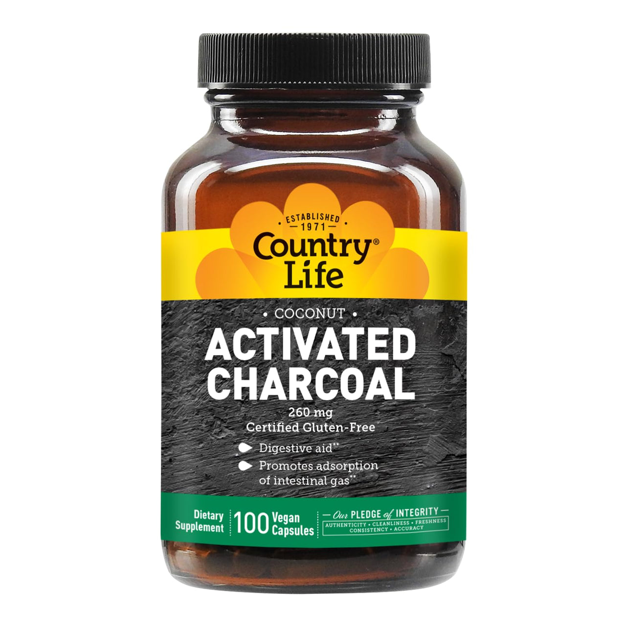 Country Life Coconut Activated Charcoal Capsules, 260mg – Natural Charcoal Supplement for Gas and Bloating Relief - Gluten-Free, 100 Vegan Capsules