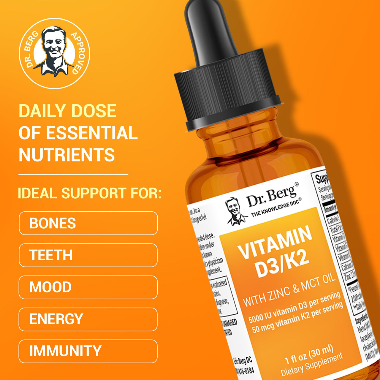 Dr. Berg Liquid Vitamin D3 & K2 Supplement with Zinc - for Bone, Teeth, Mood & Immune Health* - Vitamin D3 & K2 Drops for Adults - 1 fl oz