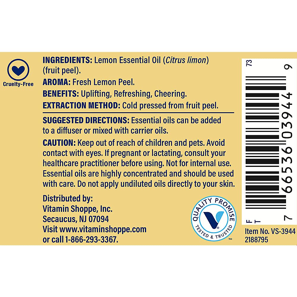 The Vitamin Shoppe Lemon Essential Oil - Uplifting Aromatherapy & Natural Cleaner | 100% Pure Cold-Pressed | 1 oz | Therapeutic Grade