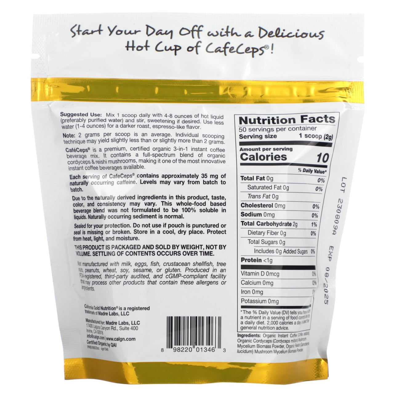 California Gold Nutrition CafeCeps, Certified Organic Instant Coffee with Full-Spectrum, Organic Cordyceps and Reishi Mushroom Powder, 3.5 oz (100 g)