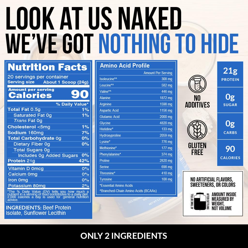 Naked Beef Protein Isolate - Grass Fed European Beef Bones, 21g Protein, 0g Carbs, Collagen, Amino Acids, Dairy Free, No Artificial Ingredients, Paleo Keto Carnivore Friendly, Unflavored - 20 Servings