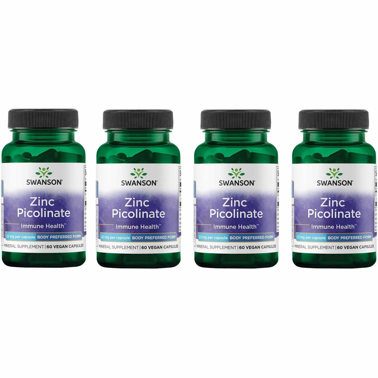 Swanson Zinc Picolinate - Mineral Supplement Promoting Prostate Health, Vision Health, & Immune Support - Body Preferred Form of Chelated Zinc - (60 Capsules, 22mg Each) (4 Pack)