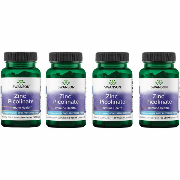 Swanson Zinc Picolinate - Mineral Supplement Promoting Prostate Health, Vision Health, & Immune Support - Body Preferred Form of Chelated Zinc - (60 Capsules, 22mg Each) (4 Pack)