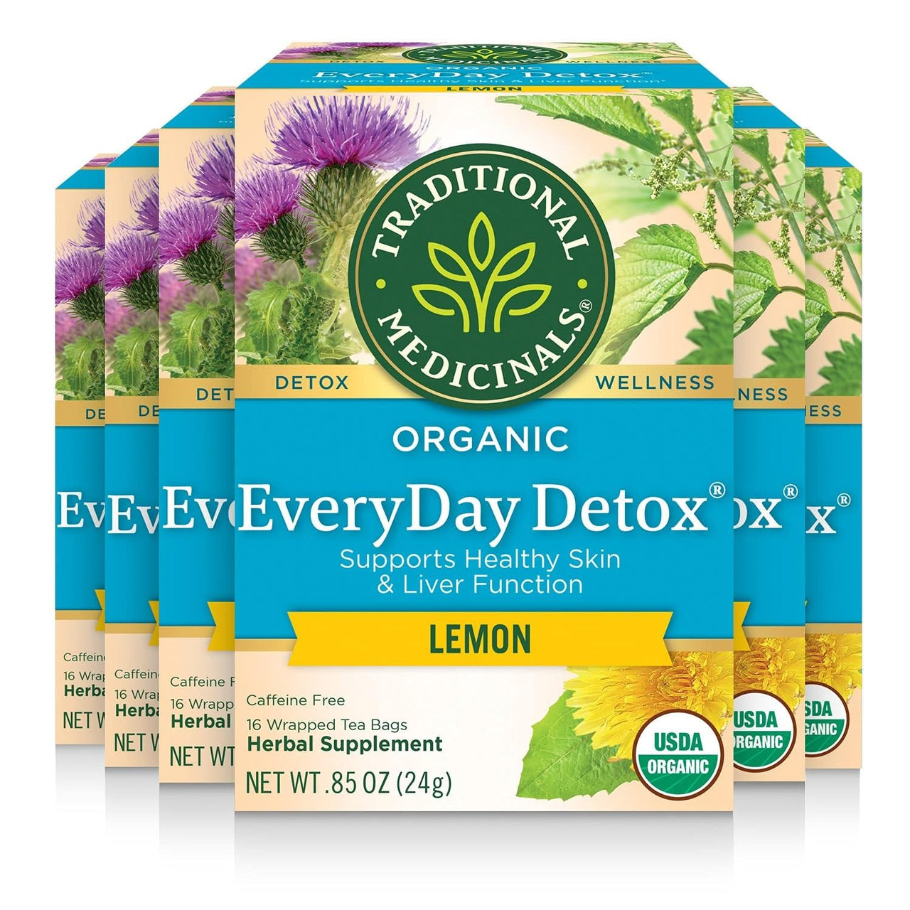 Traditional Medicinals Tea, Organic EveryDay Detox Lemon, Supports Healthy Skin & Liver Function, Detox, Kosher, Non-GMO, Caffeine-Free, Compostable - 96 Tea Bags (Pack of 6)