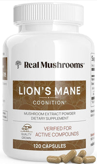 Thumbnail for Real Mushrooms Lions Mane Mushroom Cognition (120 Capsules) Lions Mane Mushroom Powder Extract Capsules | Brain Supplement, Brain Vitamins, Focus Supplement