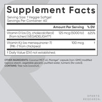 Thumbnail for Sports Research® Vitamin D3 + K2 w/ Coconut Oil - Vegan Vitamin D 5000iu & Mk7 Vitamin K 100mcg for Bone & Immune Support - Vegan Certified · Non-GMO · Soy Free - 60 Softgels