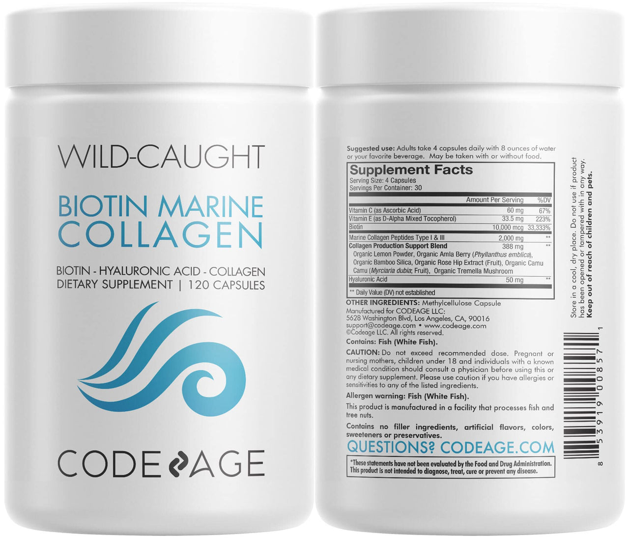 Codeage Marine Collagen Peptides – Hydrolyzed Fish Collagen Protein Supplement, 10,000mcg Biotin Collagen, Vitamin C, E, Hyaluronic Acid Amino Acid - Hair, Skin, Joint, Wild-Caught Fish - 2 Pack