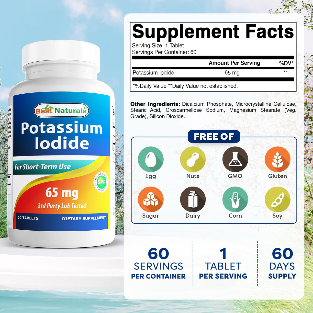 Best Naturals Potassium Iodide 65 mg - Dietary Supplement, 60 Tablets (60 Count (Pack of 1)) (1)