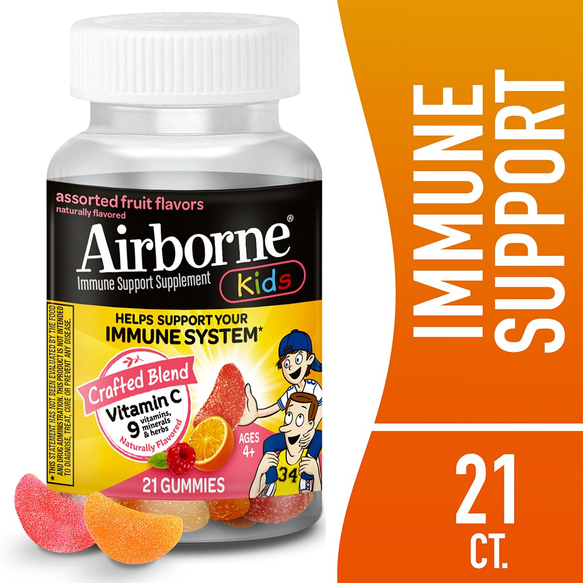 Airborne 500mg Vitamin C + Zinc Immune Support Supplement Gummies for Kids, Assorted Fruit Flavor, Gluten Free Crafted Blend with Powerful Antioxidants Vitamins C & E, 21 Gummies (4 Pack)
