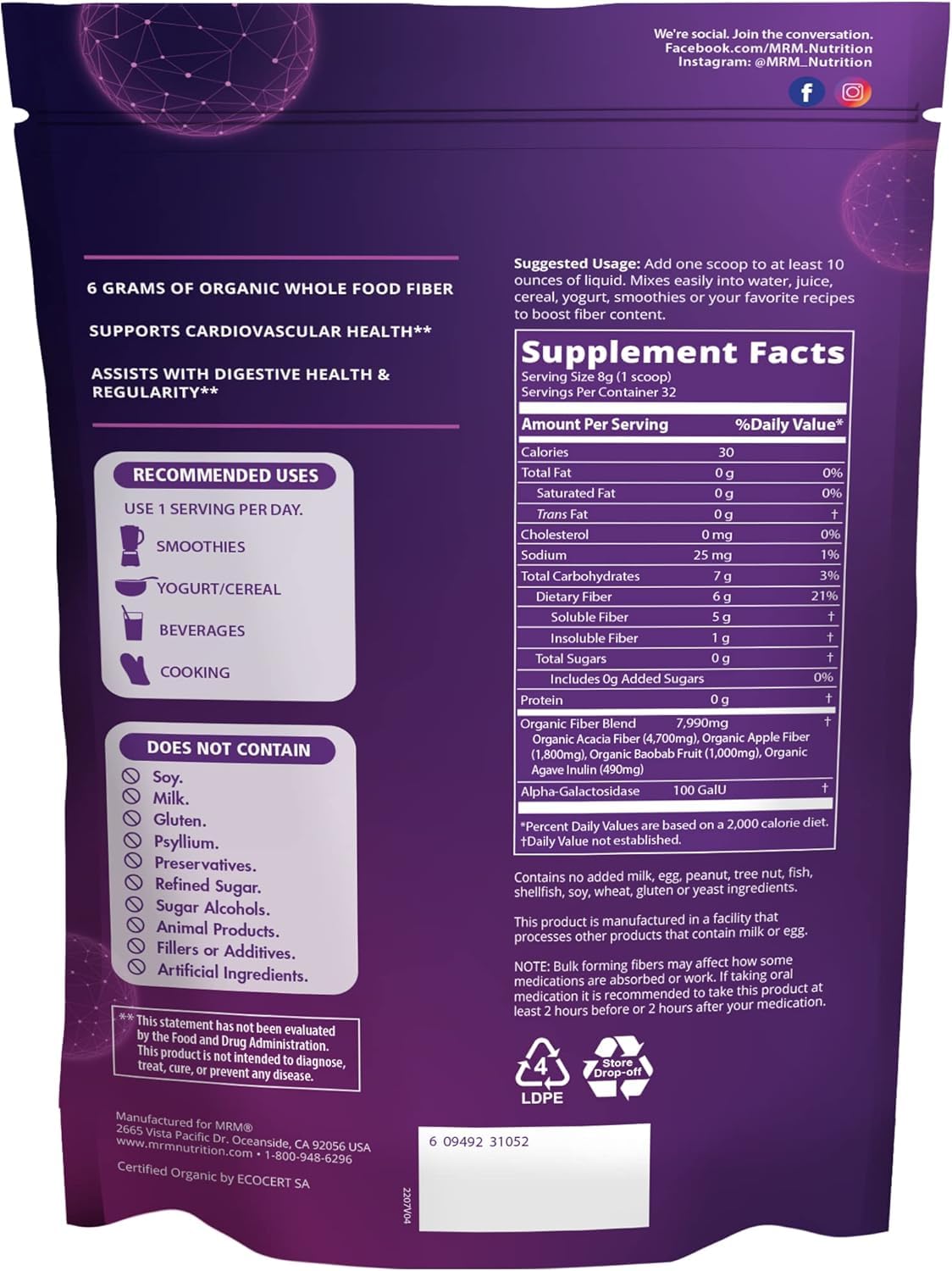 MRM Whole Food Organic Fiber with Enzymes & Prebiotics - Organic High Fiber Powder Supplement for Daily Digestive Support, Soluble & Insoluble Dietary Fiber, Prebiotic Blend, 6 g Fiber - 32 Servings