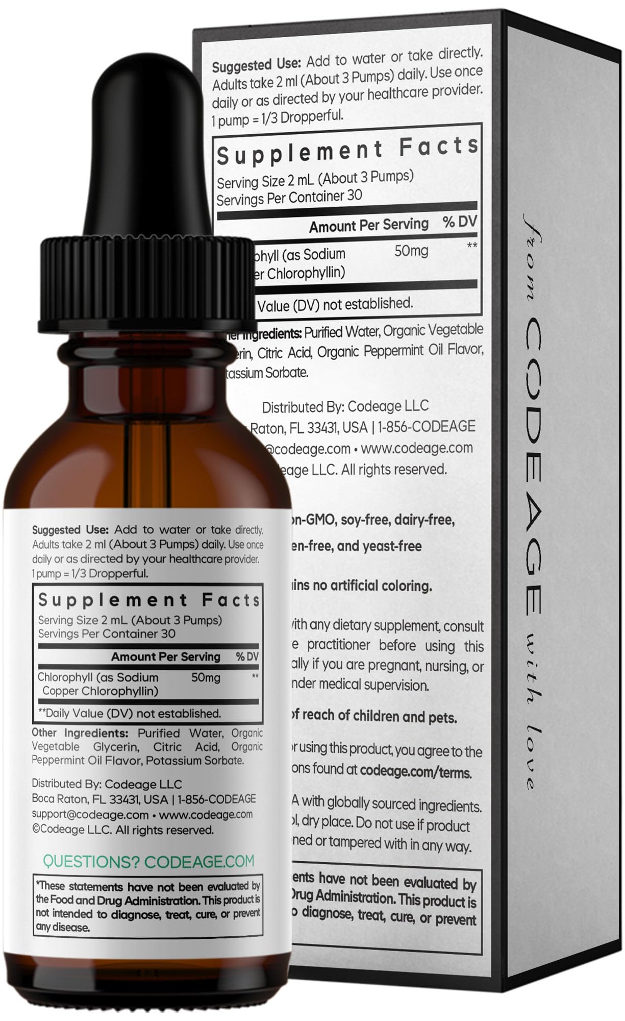 Codeage Chlorophyll Liquid Drops Supplement - Vegan Chlorophyll 50 mg per Serving, Organic Peppermint Flavor Clorofila Drink - Non-GMO, Gluten-Free, Vegan - 2 fl oz
