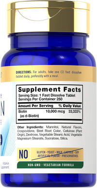 Thumbnail for Carlyle Biotin 10000mcg | 250 Fast Dissolve Tablets | Max Strength for Hair, Skin, and Nails | Vegetarian, Non-GMO, Gluten Free Supplement