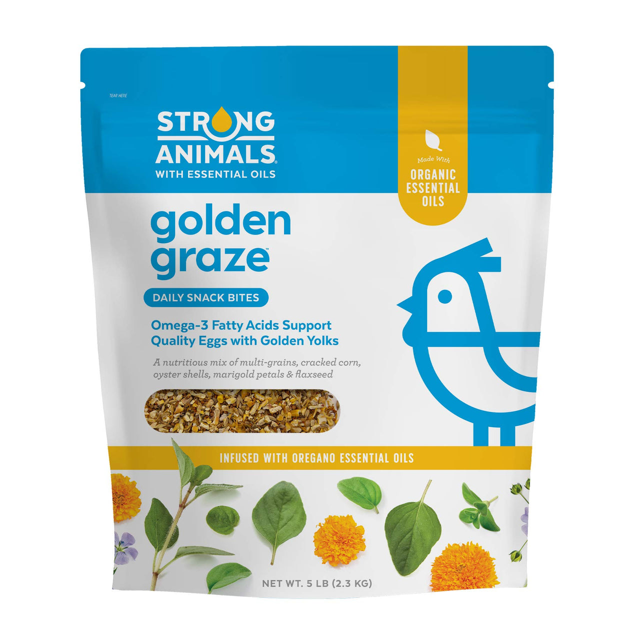 Strong Animals Golden Graze - Daily Snack for Chickens containing Oregano Essential Oil, Multi-Grains, Cracked Corn, Oyster Shells, Marigold Petals and Flaxseed (5 lbs)