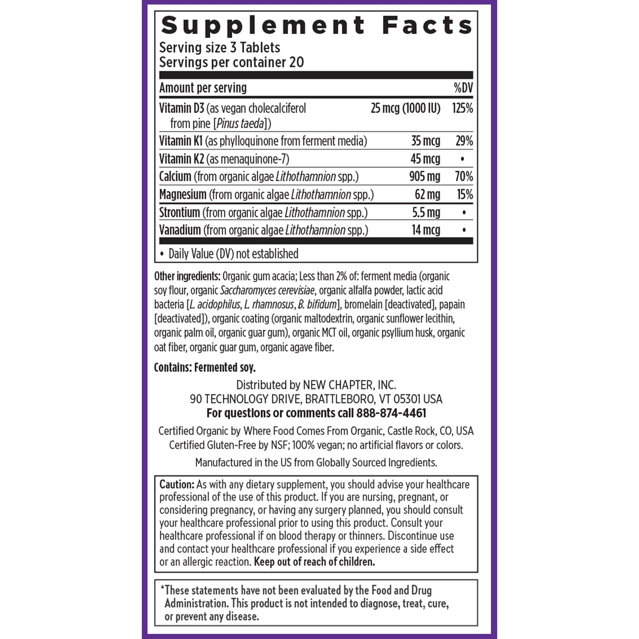 New Chapter Calcium Supplement - Bone Strength Plant-Based USDA Organic Calcium with Magnesium, Vitamin D3+K2, for Bone Health & Joint Mobility, Heart Support, 905 mg dose - 60 Slim Tablets