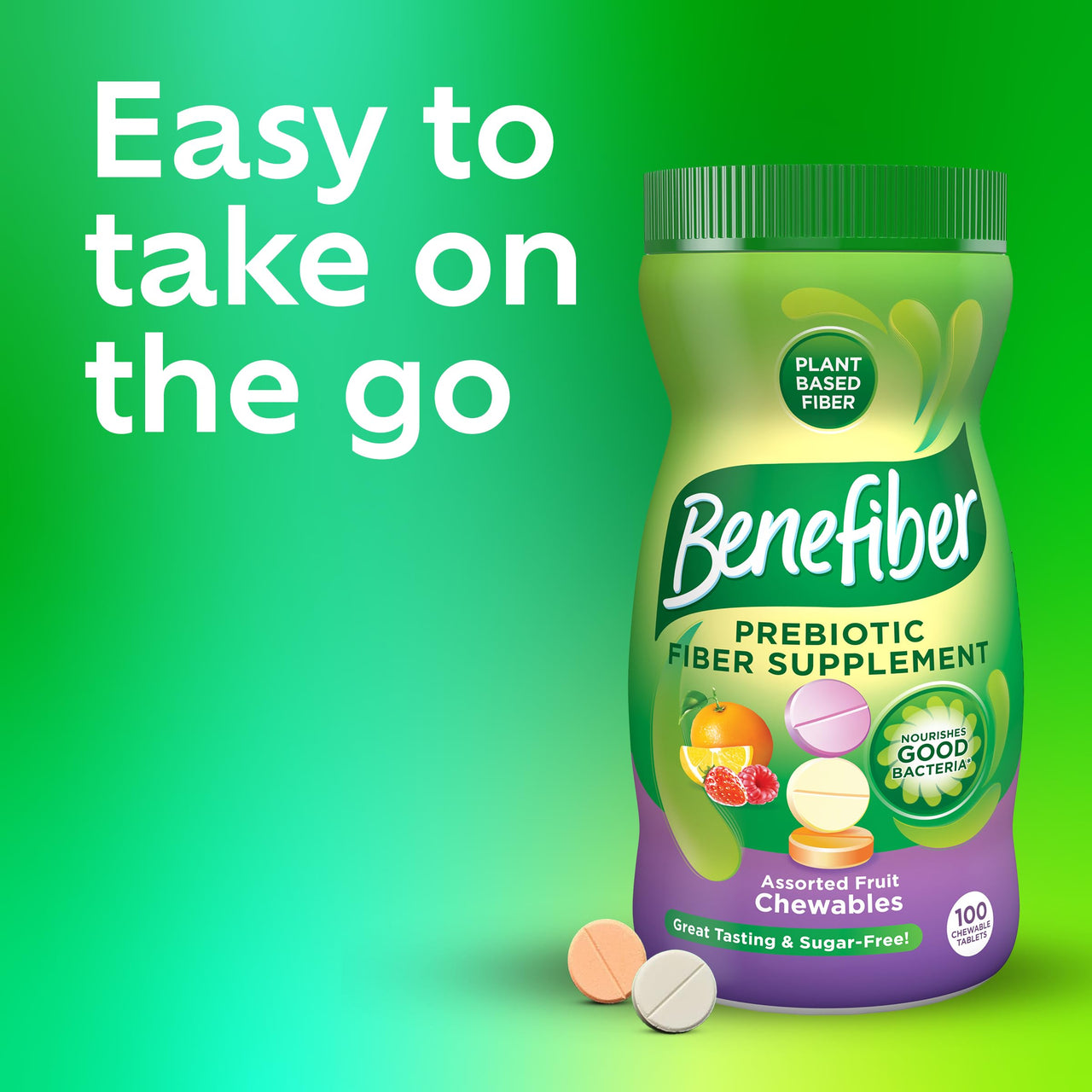 Benefiber Chewable Prebiotic Fiber Supplement Tablets for Digestive Health, Assorted Fruit Flavors - 100 Count