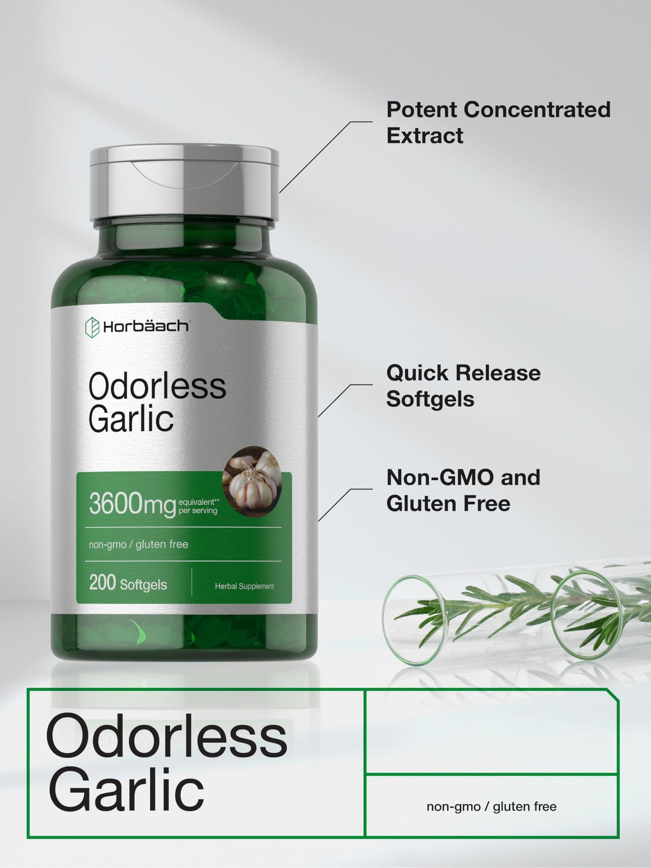 Horbäach Odorless Garlic Softgels | 200 Count | Ultra Potent Garlic Extract | Non-GMO & Gluten Free Supplement