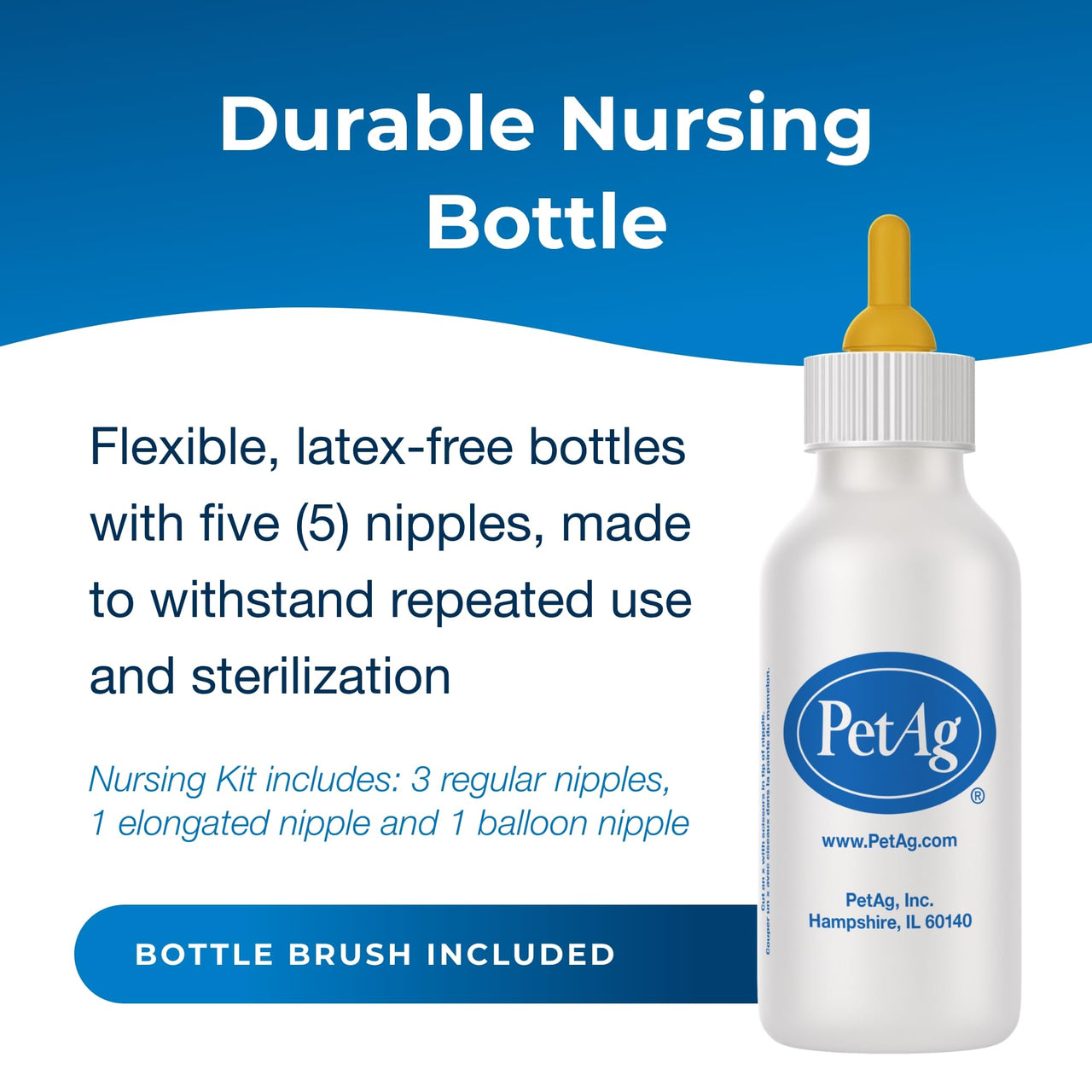 Pet-Ag Nursing Kit - 2 oz - Promotes the Natural Feeding of Liquids to Baby Animals - Each Kit Includes 2 oz. Bottle with Cap, 5 Nipples & Cleaning Brush