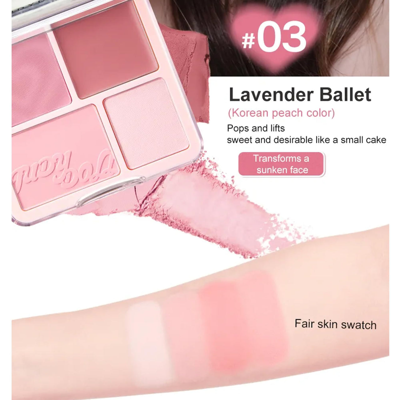 Ueuiu Judy Doll Blush Contour Palette, 2 In 1 Blush Highlight Palette, Blush and Highlighter Makeup, Non-greasy, Lasting Sparkling, Sculpt the Face Makeup (#03 Lavender Ballet, 9g)