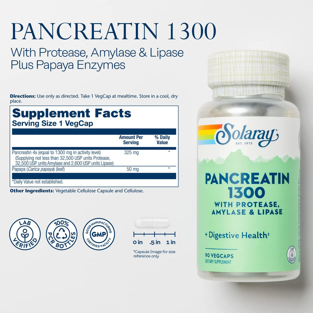 SOLARAY Pancreatin 1300, Pancreatic Digestive Enzymes with Protease, Amylase and Lipase, Plus Papain - Digestion Health Support, Lab Verified, 60 Day Guarantee, 90 Servings, 90 VegCaps