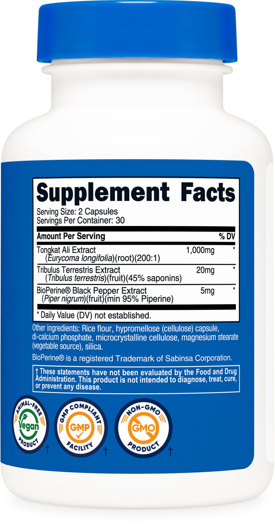 Nutricost Tongkat Ali 1,000mg 60 Capsules - with Tribulus Terrestris and BioPerine, Vegetarian Caps, Non-GMO, Gluten Free, Potent Extract