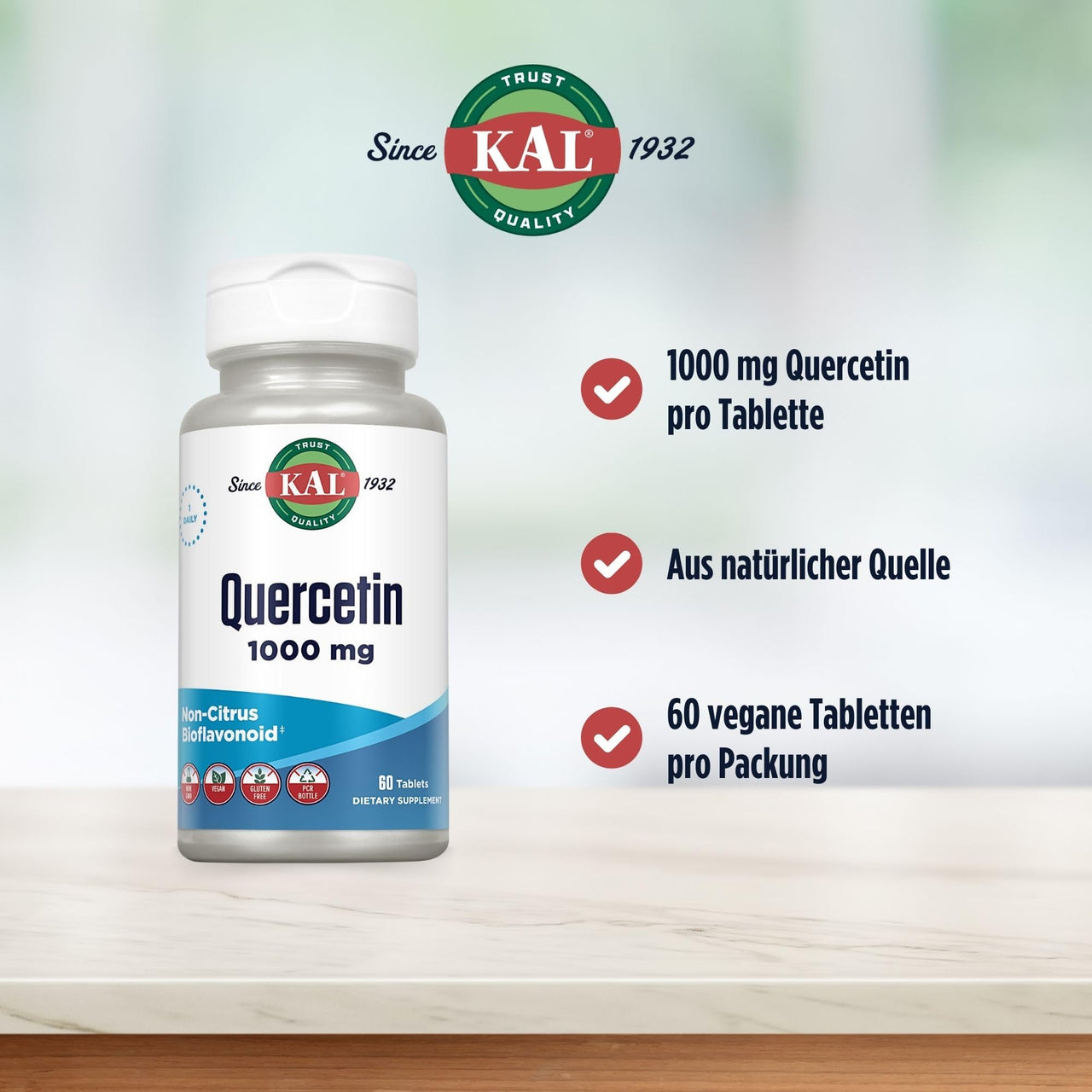 KAL Quercetin 1000mg Immune Support Supplement, Bioflavonoids for Immune Defense and Overall Health Support, Vegan, Gluten Free, Non-GMO, 60-Day Guarantee, 60 Servings, 60 Tablets