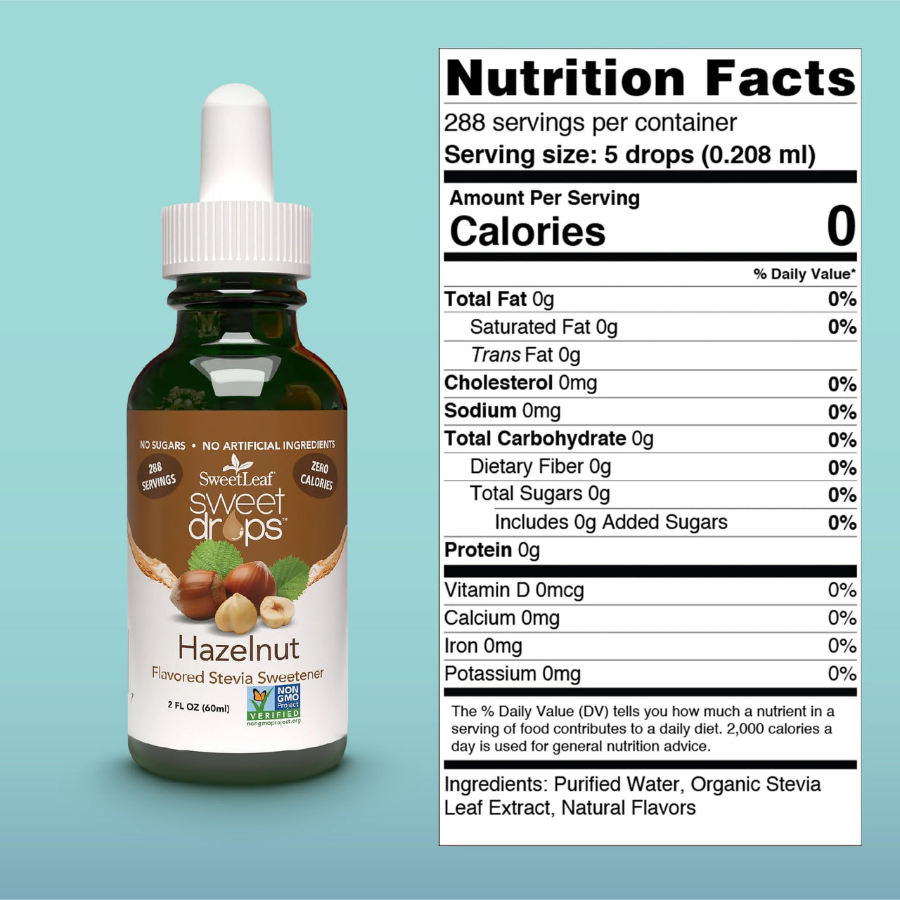 SweetLeaf Sweet Drops - Flavored Stevia Liquid Sweetener, Organic Stevia Extract, Zero Calories, Gluten Free, Keto Friendly, Non GMO, Natural Flavor, Sugar Alternative - Hazelnut, 2 Fl Oz (Pack of 1)