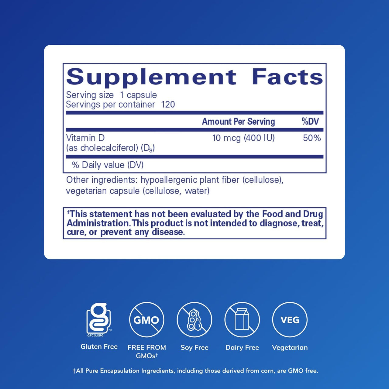 Pure Encapsulations Vitamin D3 10 mcg (400 IU) | Hypoallergenic Support for Bone, Breast, Cardiovascular, Colon and Immune Health* | 120 Capsules