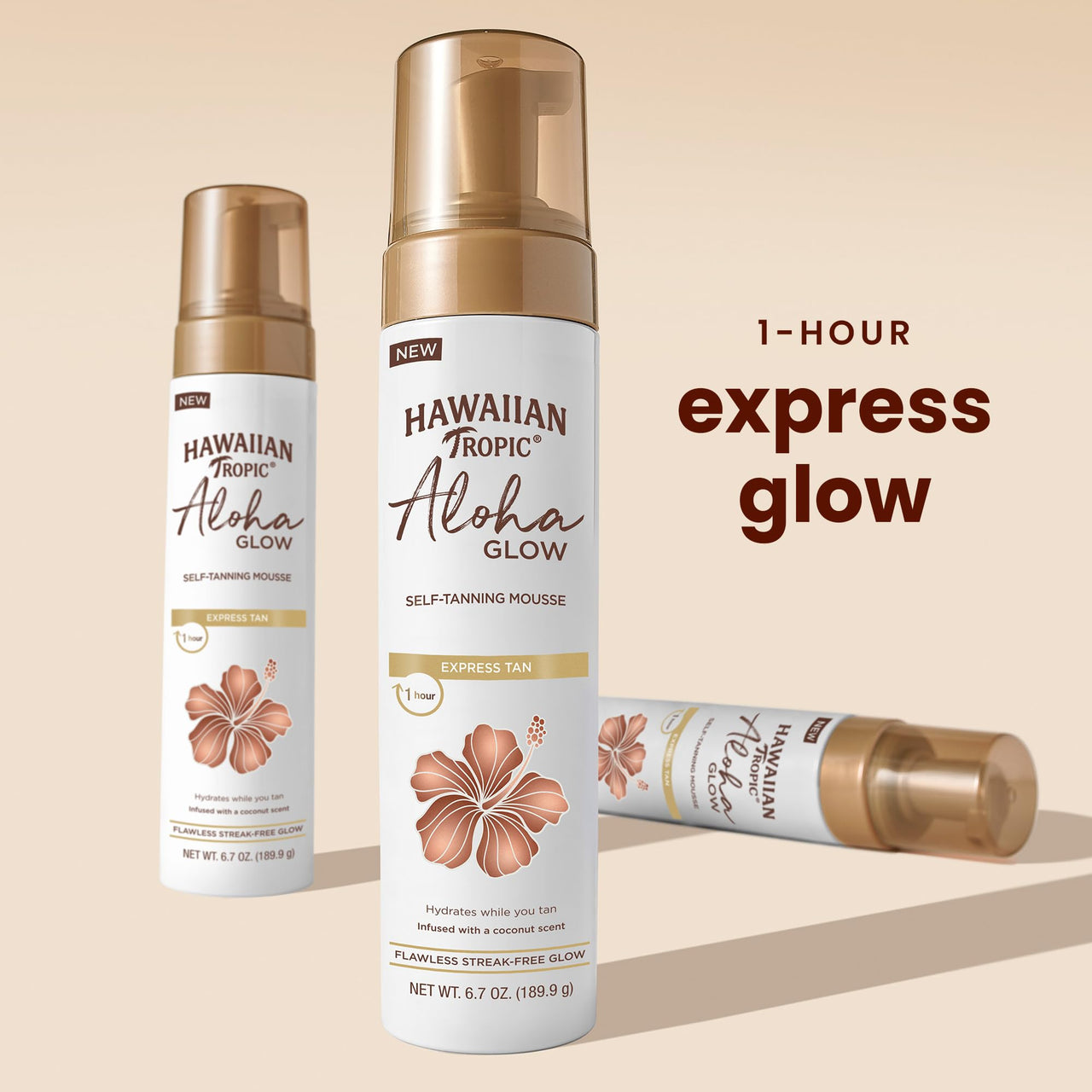 Hawaiian Tropic Aloha Glow Self Tanning Mousse, Express Tan, 6.7oz | Self Tanner Mousse, Fake Tan Foam, 1 Hour Express Sunless Tanner, Sunless Tanning Foam, 6.7 fl oz