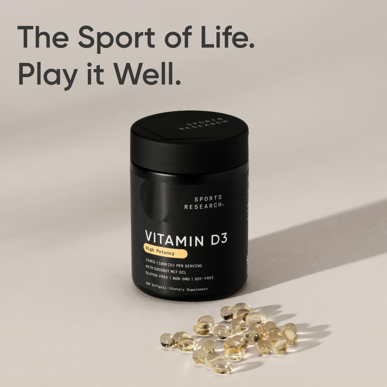 Sports Research® Vitamin D3 1000 IU with Coconut MCT Oil - High Potency Vitamin D Supplement for Immune & Bone Support - Gluten Free · Non-GMO · Soy Free - 360 Count Softgels