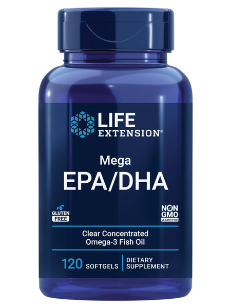 Life Extension Mega EPA/DHA, Omega-3 Fatty acids, Heart & Brain Health, Non-GMO, Gluten-Free, 120 softgels