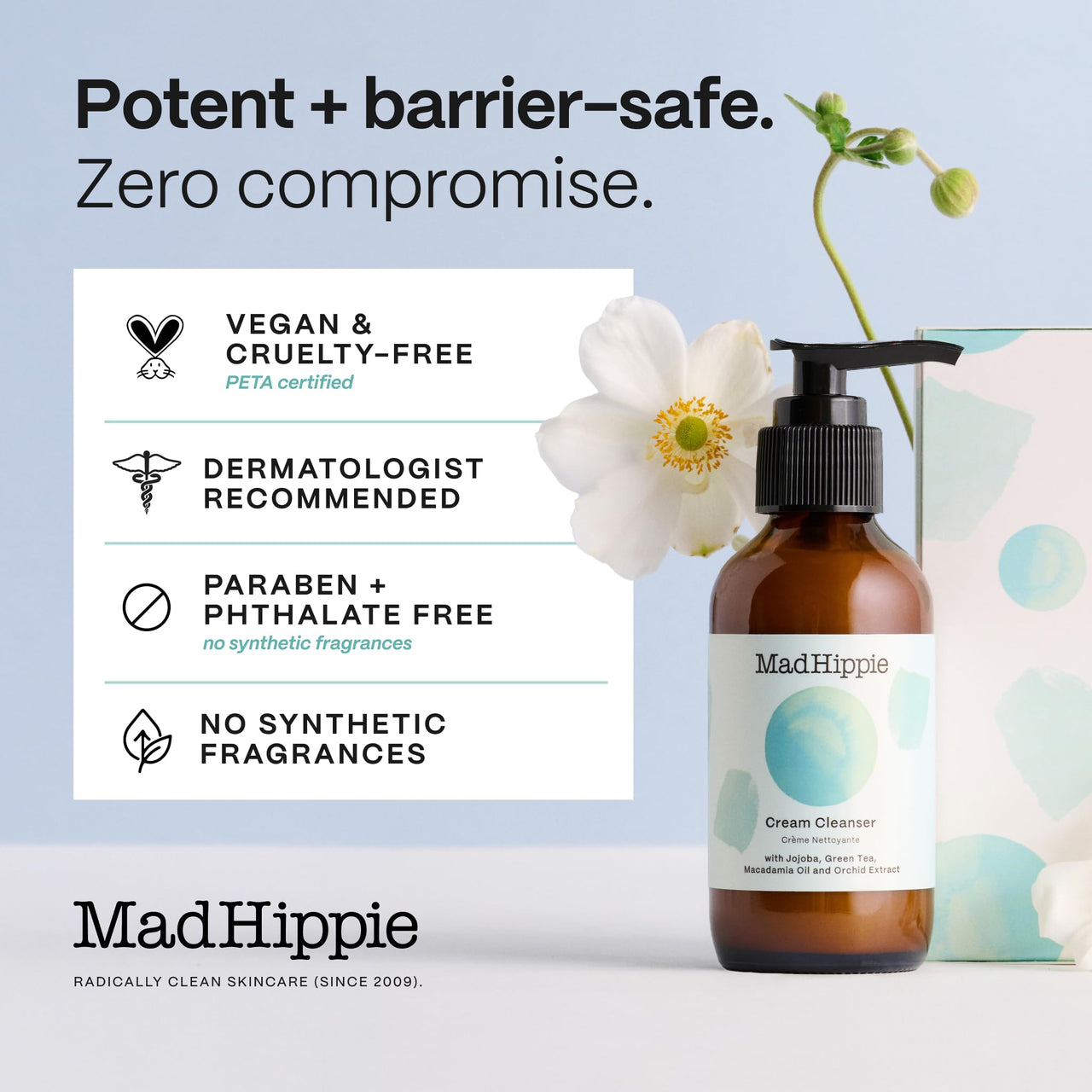 Mad Hippie Cream Cleanser – Gentle Formula with Hyaluronic Acid, Jojoba Oil & Green Tea, Skin Barrier Protection, 4 Oz Ea
