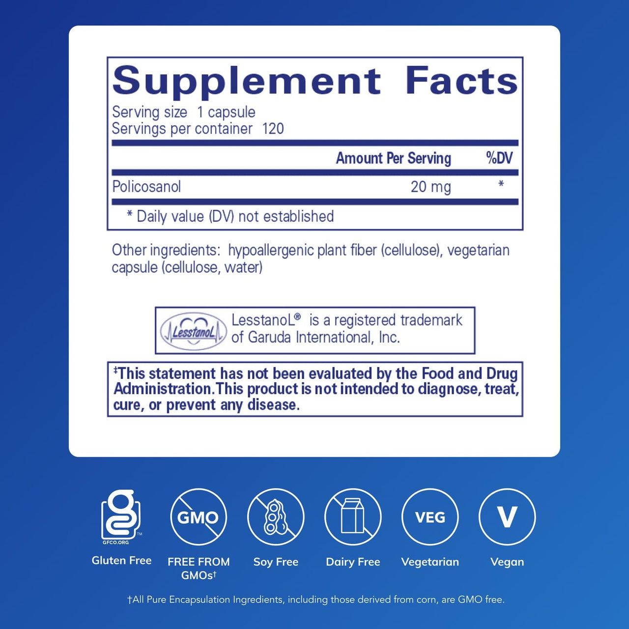 Pure Encapsulations Policosanol 20 mg | Hypoallergenic Supplement Supports Healthy Lipid Metabolism and Cardiovascular Function* | 120 Capsules