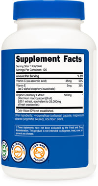 Thumbnail for Nutricost Cranberry Extract 25,000mg Equivalent from 500mg of 50:1 Extract Per Serving, 120 Capsules for 120 Servings Per Bottle - with 45 mg of Vitamin C & 5 mg of Vitamin E