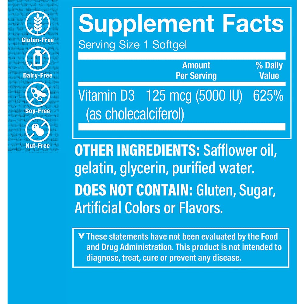 The Vitamin Shoppe Vitamin D3 5000IU - Bone Immune & Cellular Health | Cholecalciferol Softgels | 200 Softgels | Gluten-Free