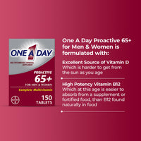 Thumbnail for One A Day Proactive 65+, Mens & Womens Multivitamin, Supplement with Vitamin A, C, D, and Zinc to Support Bone Health & Cell Health, Calcium, Folic Acid, Tablet 150 Count