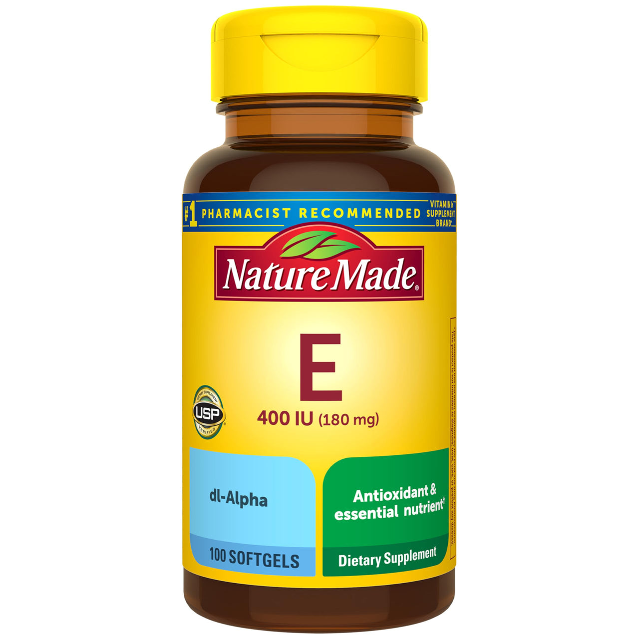 Nature Made Vitamin E 180 mg (400 IU) dl-Alpha, Dietary Supplement for Antioxidant and Skin Support, 100 Softgels, 100 Day Supply