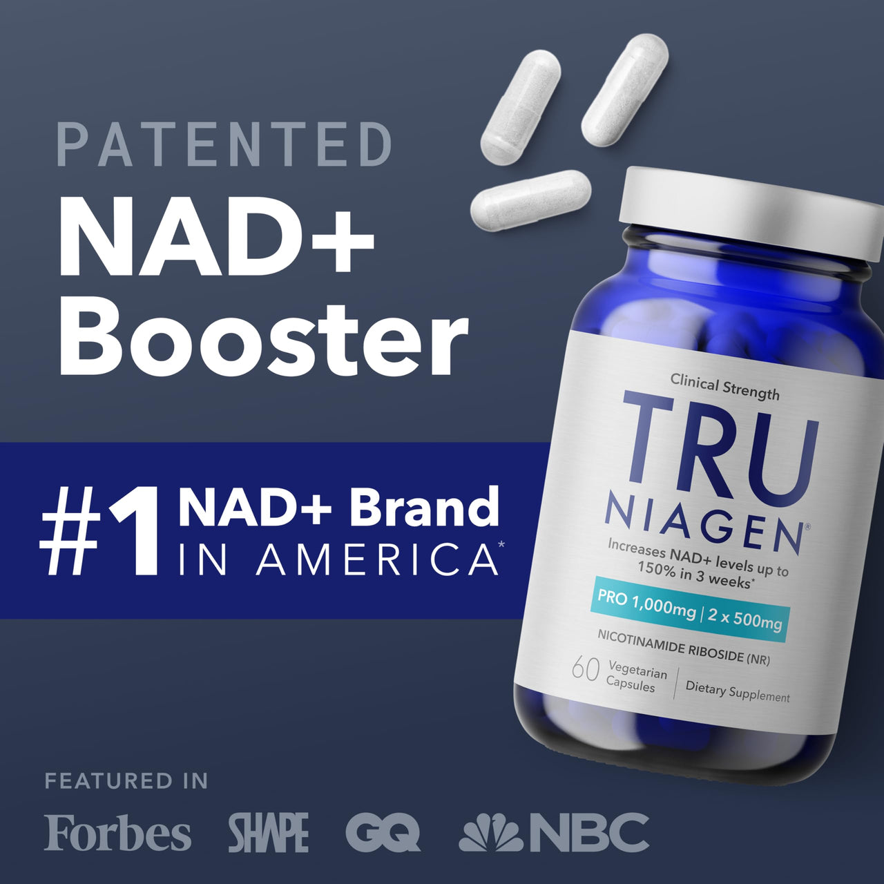 TRU NIAGEN PRO NAD Supplement for Brain Function, Anti Aging, Cell Regeneration | Patented Niagen | Supports Cellular Energy | Nicotinamide Riboside (NR) | 30-1000mg Servings (2x500mg, Take 2 Daily)