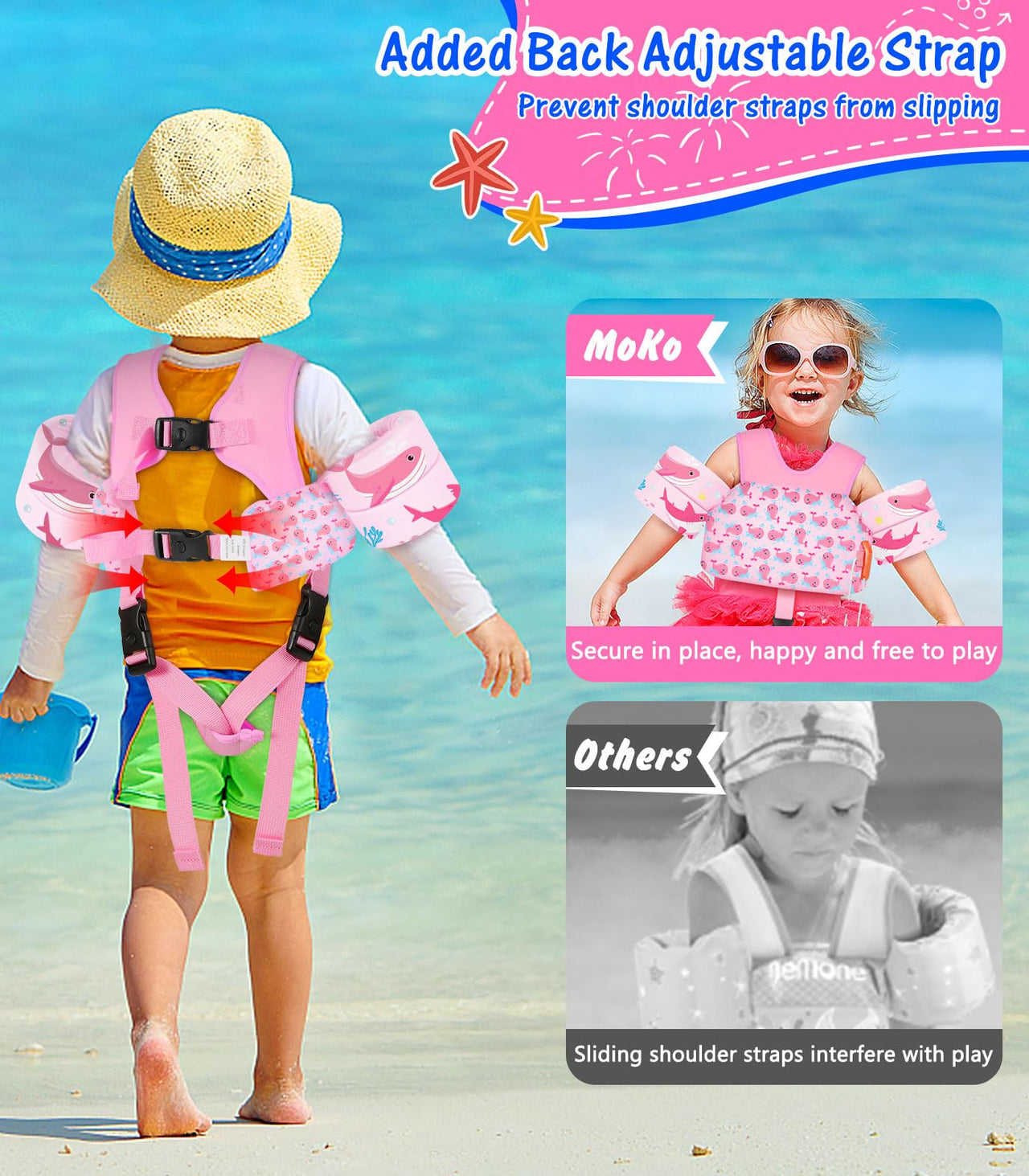 MoKo Swim Arm Floaties 15-30 lbs, Toddler Swim Vest for Kids Cartoon Swimming Water Wings with Crotch Strap, Pool Float Vests Sleeves Shoulder Straps Arm Band for Children, Baby Pink Whale