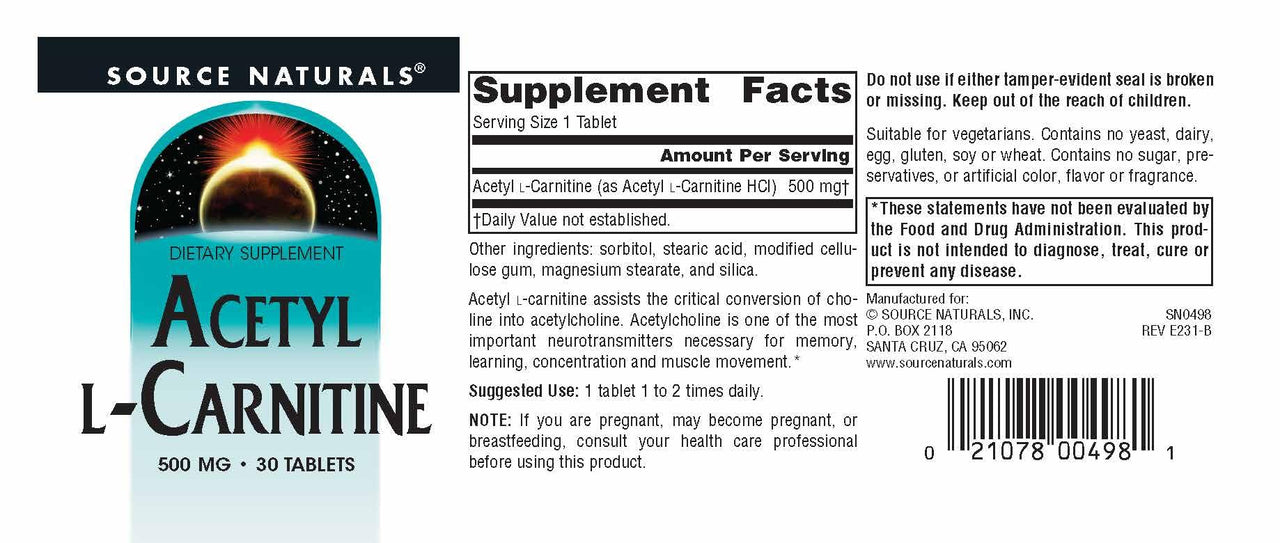 Source Naturals Acetyl L-Carnitine, 500mg, 30 Tablets