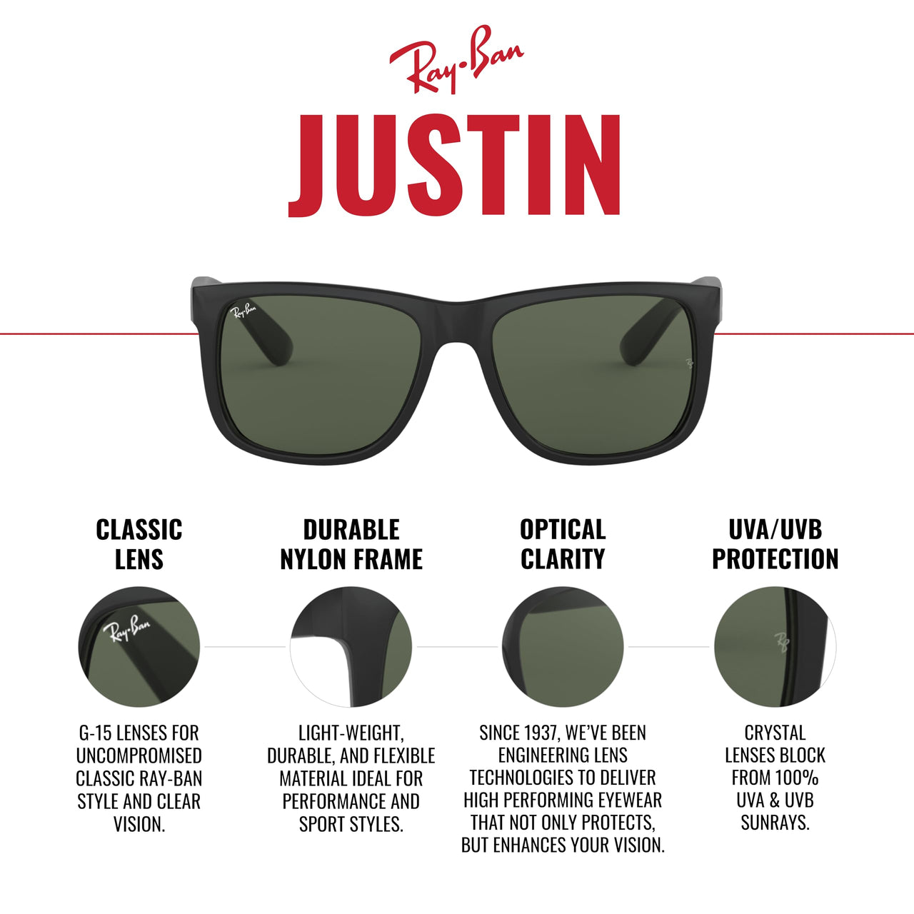 Ray-Ban Unisex RB4165 Justin Rectangular Sunglasses, Rubber Black/Blue Flash, 55 mm