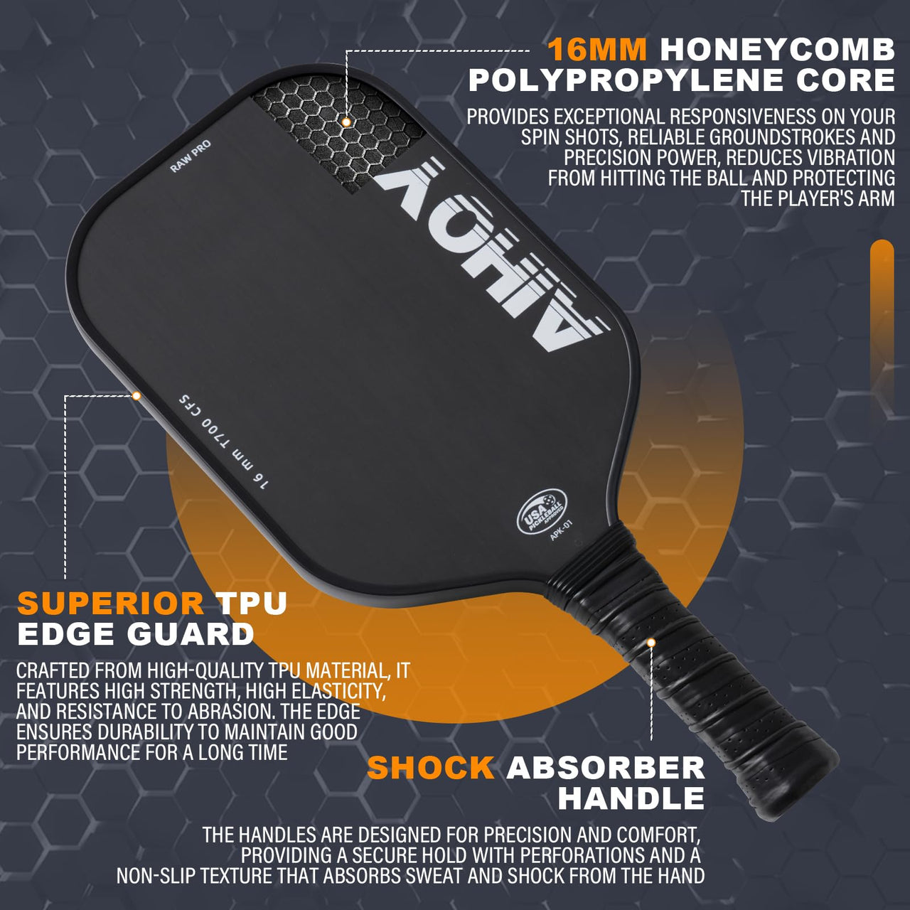 Aihoye PRO Pickleball Paddles- Raw T700 Carbon Fiber Textured Surface (CFS) with High Grit & Spin, Pickleball Paddles Set of 2 with 16MM Polypropylene Honeycomb Core, USAPA Approved
