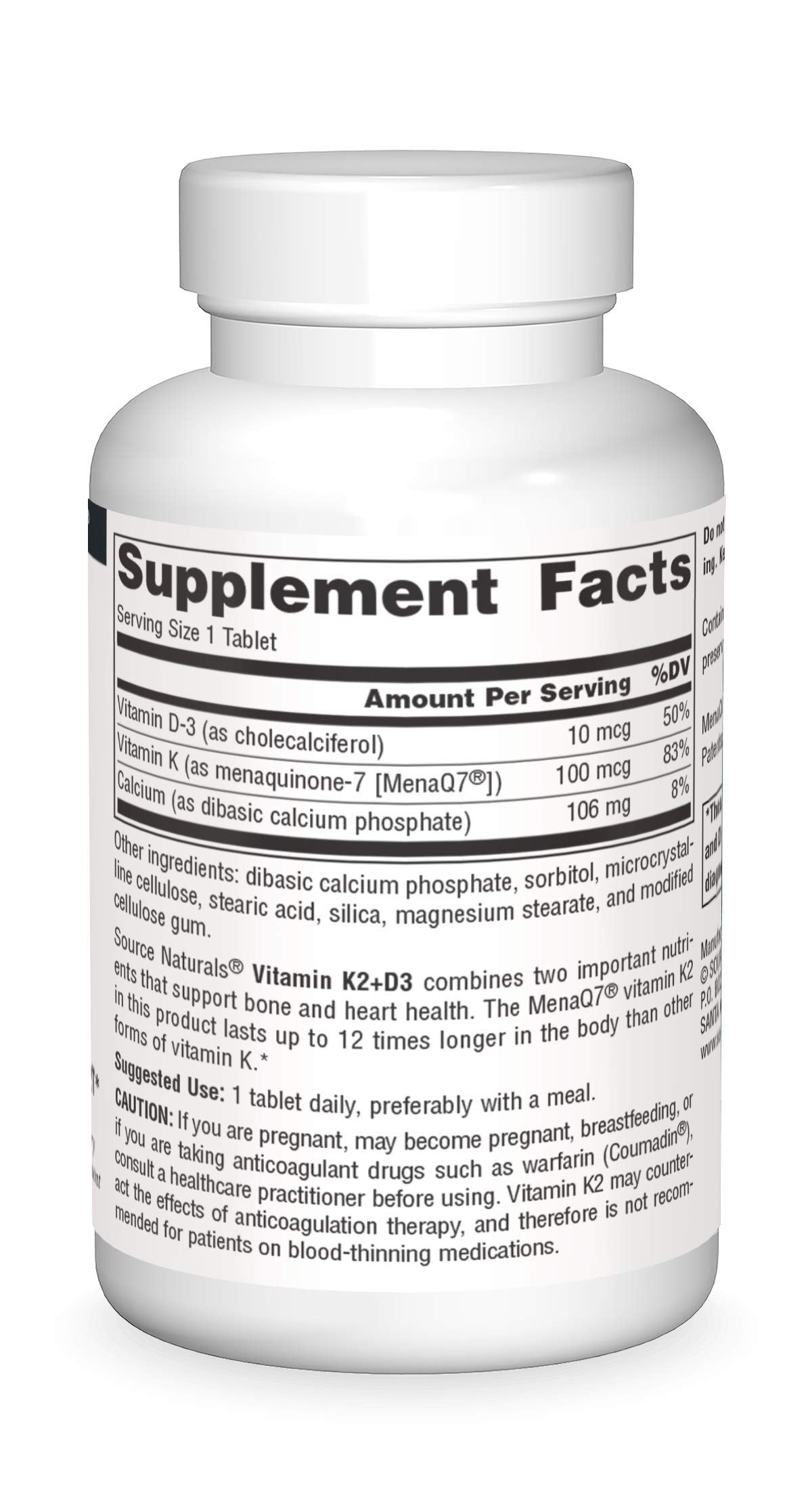 Source Naturals Vitamin K2 + D3 Bone & Heart Health Complex - 400 IU Vitamin D3 & 100 mcg Vitamin K2 (MK-7) with Calcium - 60 Tablets