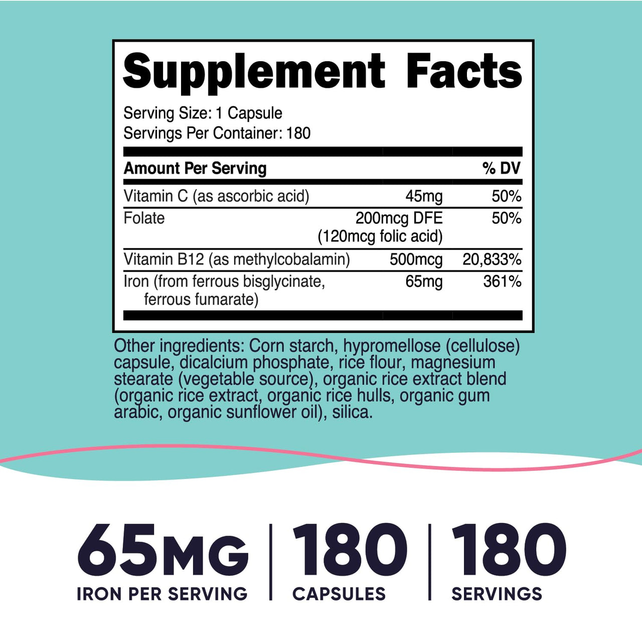 Nutricost Iron for Women 65mg, 180 Capsules, with Vitamin C, Folate, & Vitamin B12 - Vegetarian Friendly, Non-GMO, Gluten Free