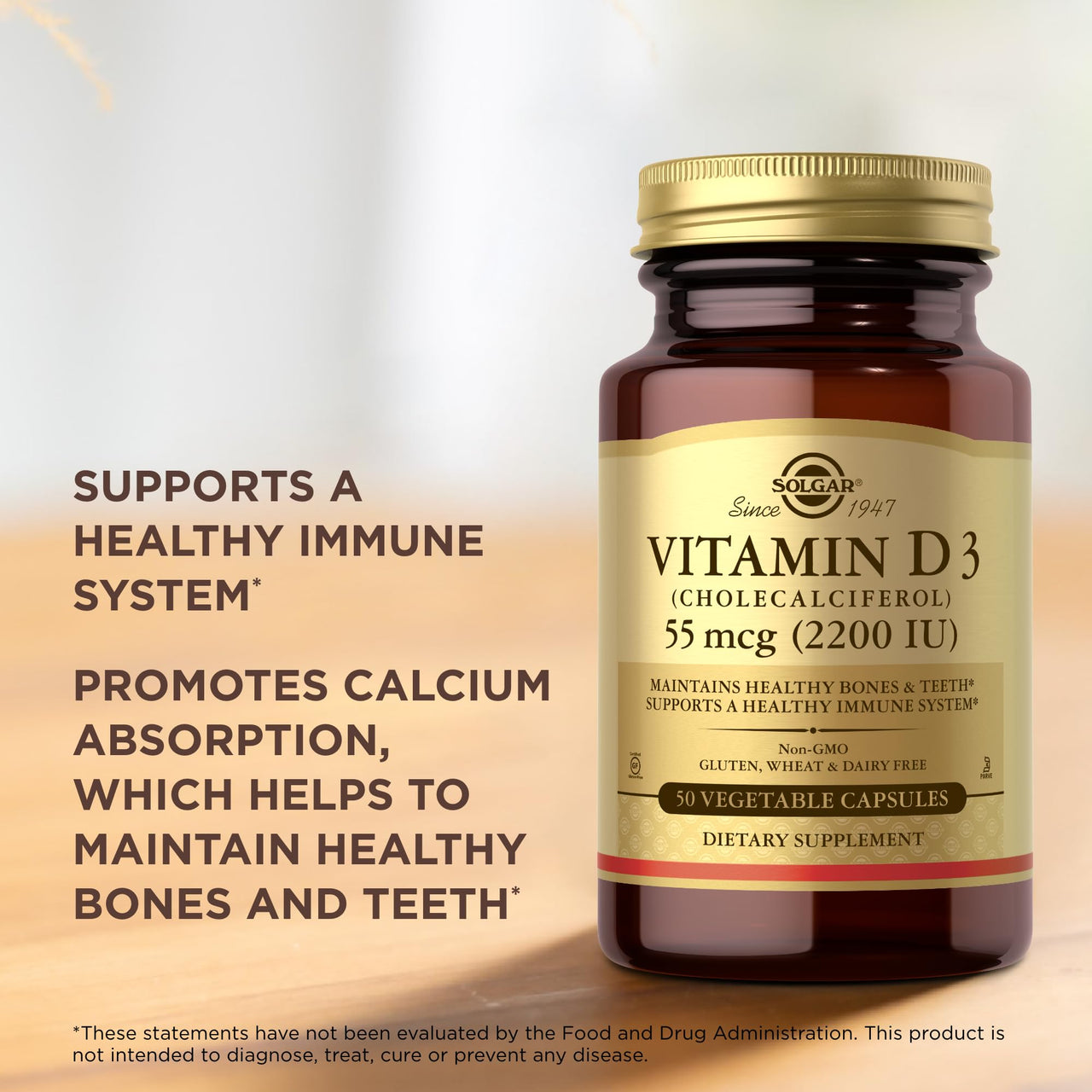 Solgar Vitamin D3 (Cholecalciferol) 55 mcg (2200 IU), 50 Vegetable Capsules - Helps Maintain Healthy Bones & Teeth - Immune System Support - Non-GMO, Gluten Free, Dairy Free, Kosher - 50 Servings