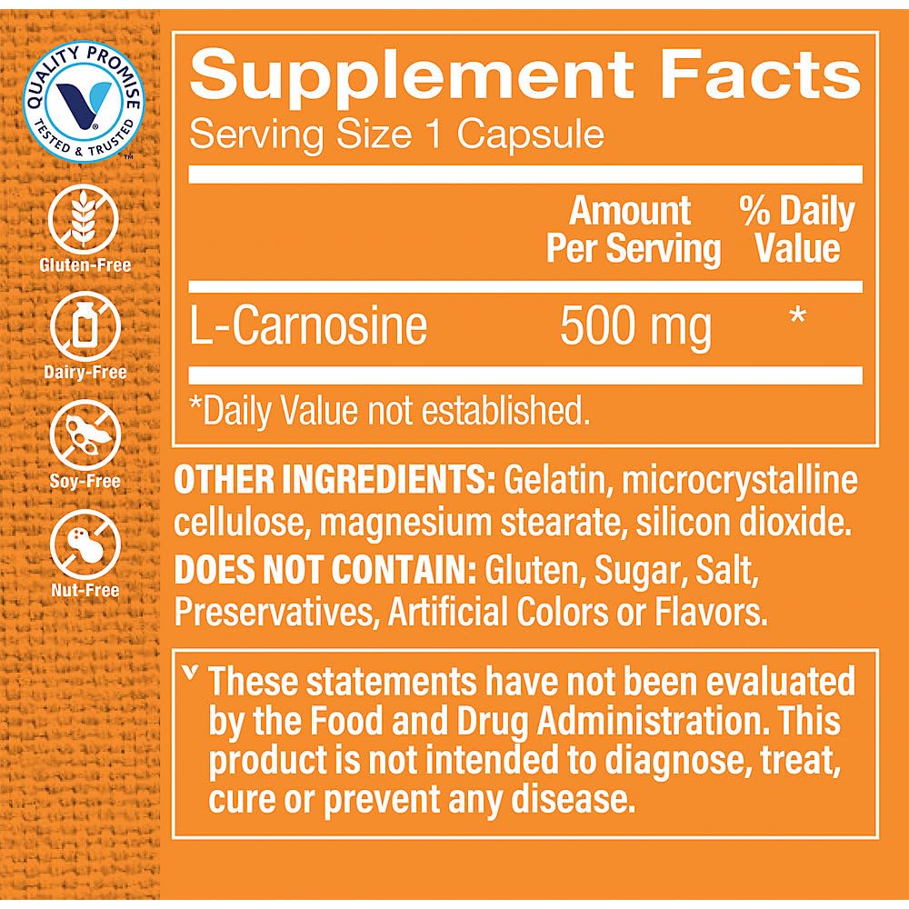 The Vitamin Shoppe L-Carnosine 500MG, Antioxidant That Supports Cardiovascular & Cellular Health (100 Capsules)