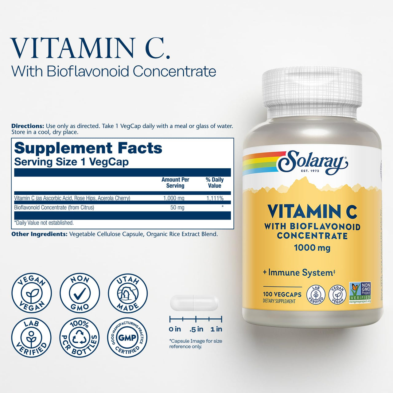 SOLARAY Vitamin C Supplement 1000mg with Bioflavonoids Concentrate - Vitamin C Capsules w/ Rose Hips & Acerola, Heart Health & Immune Support for Men & Women, 1000 mg per Serving, Vegan - 100 Veg Caps