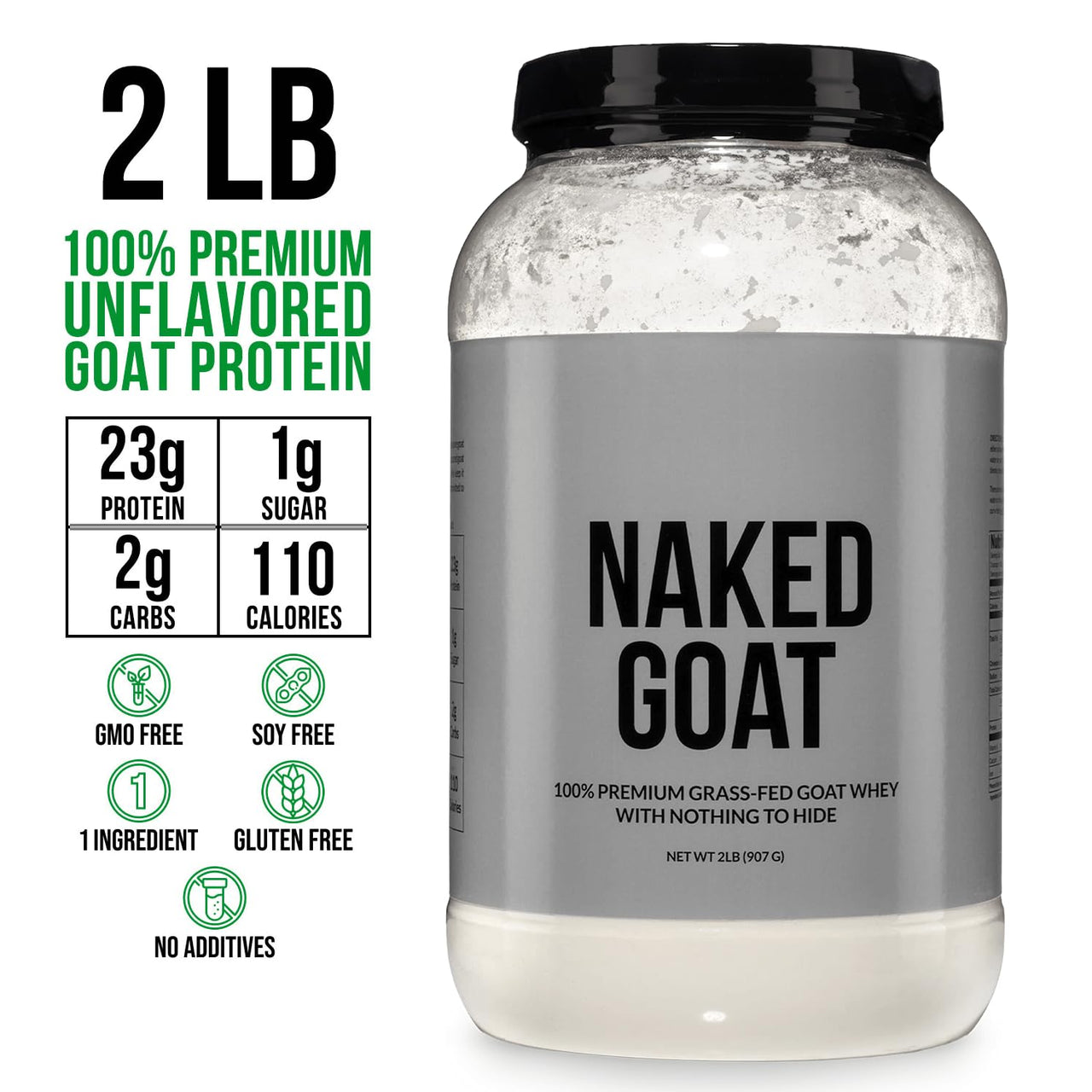 NAKED Goat - Pasture Fed Goat Whey Protein Powder from Small-Herd Wisconsin Dairies, 2Lb Bulk, GMO Free, Soy Free. Easy to Digest - All Natural - 23 Grams of Protein - 30 Servings