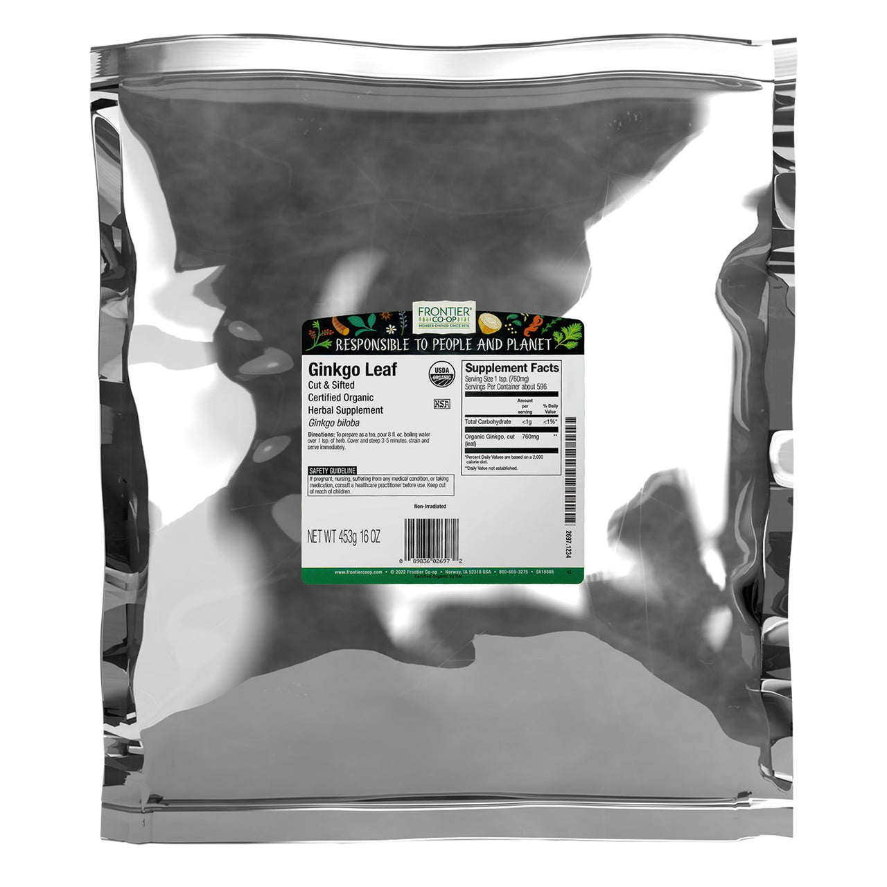 Frontier Co-op Organic Ginkgo Leaf, 1lb Bulk Bag, Cut and Sifted | Dried Ginkgo Biloba Leaf | Ideal for Tea and Herbal Uses, Kosher